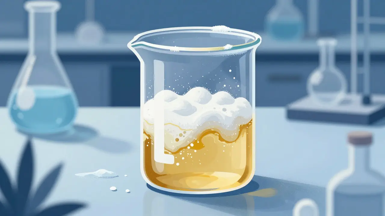 Umělecká ilustrace procesu winterizace s oddělováním nečistot od extraktu