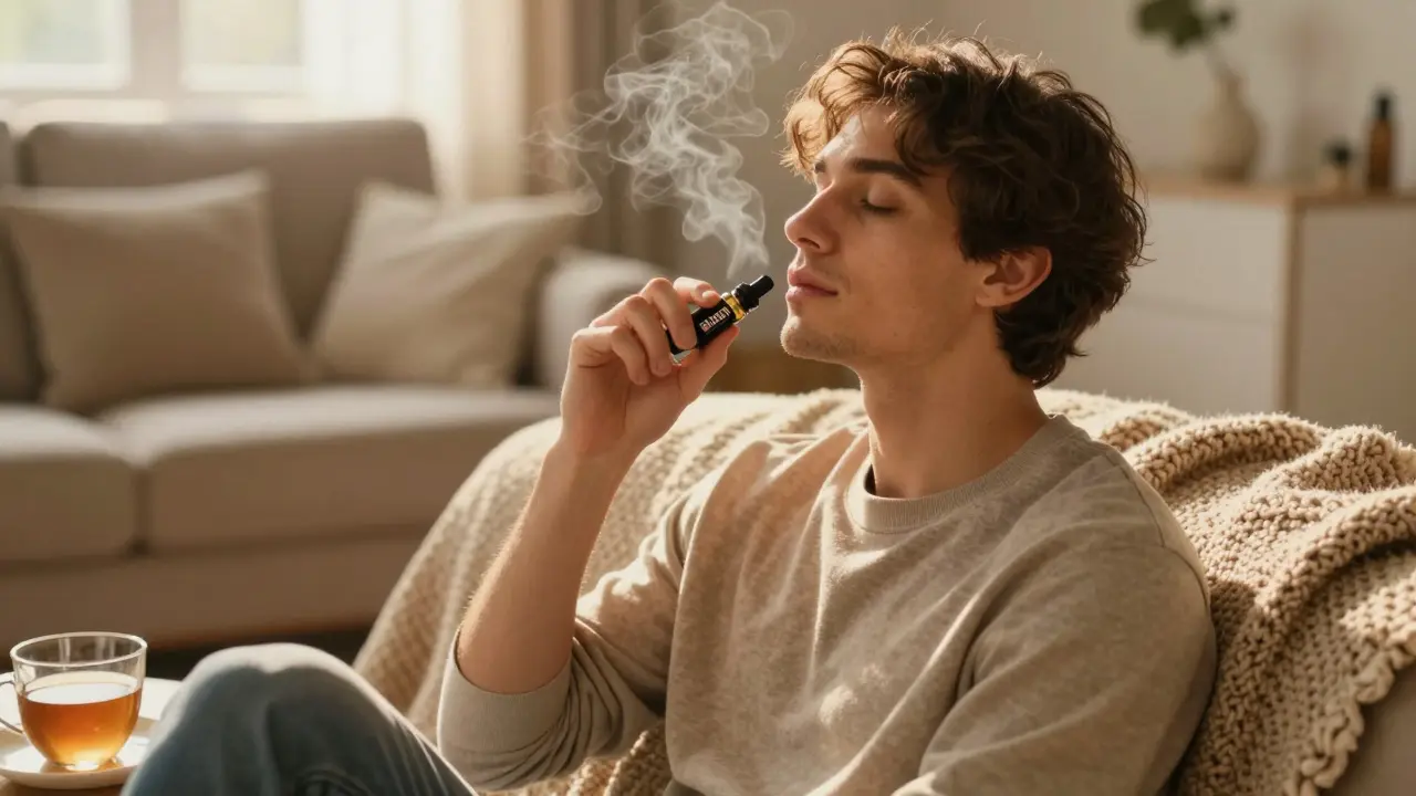 Uvolněný člověk používající CBD vape ve slunečním obývacím pokoji
