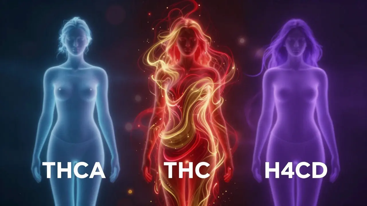 Abstraktní srovnání účinků THCA, THC a H4CBD