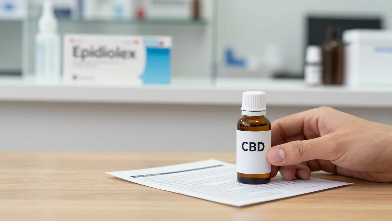 CBD doplněk stravy na stole s lékárnou na pozadí
