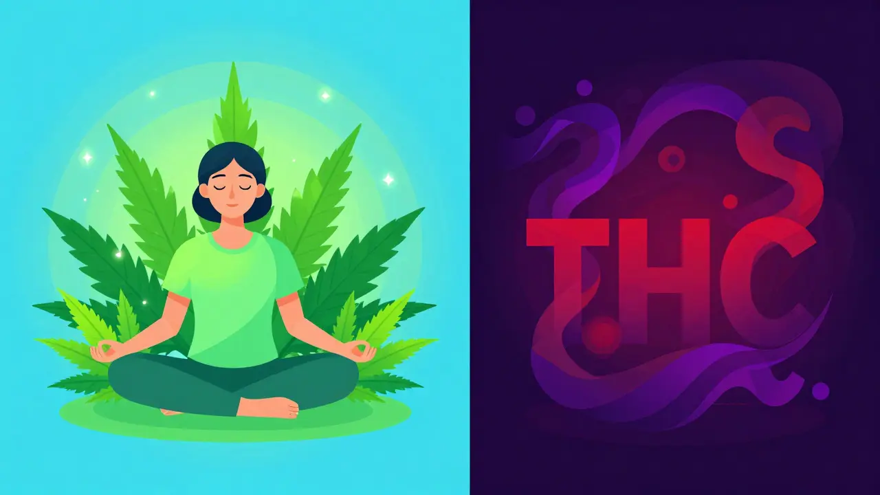 Ilustrace porovnávající klidný efekt CBD a psychoaktivní účinek THC