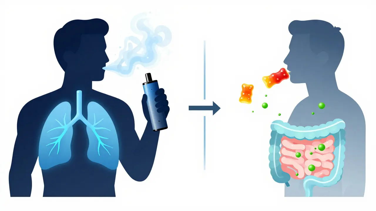 Ilustrace porovnávání rychlosti účinku vapes a jedlých forem CBD
