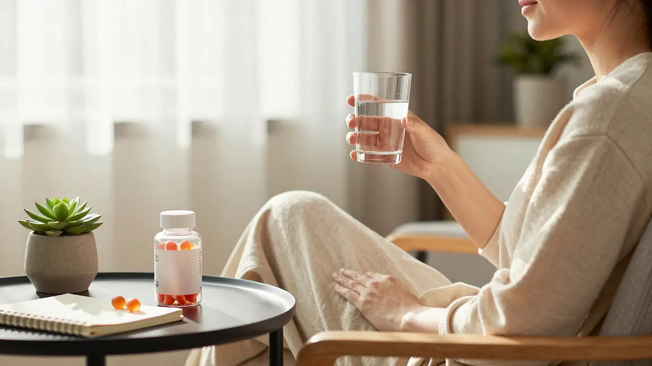 Klidná osoba v obýváku s nádobou CBD gummy a sklenicí vody