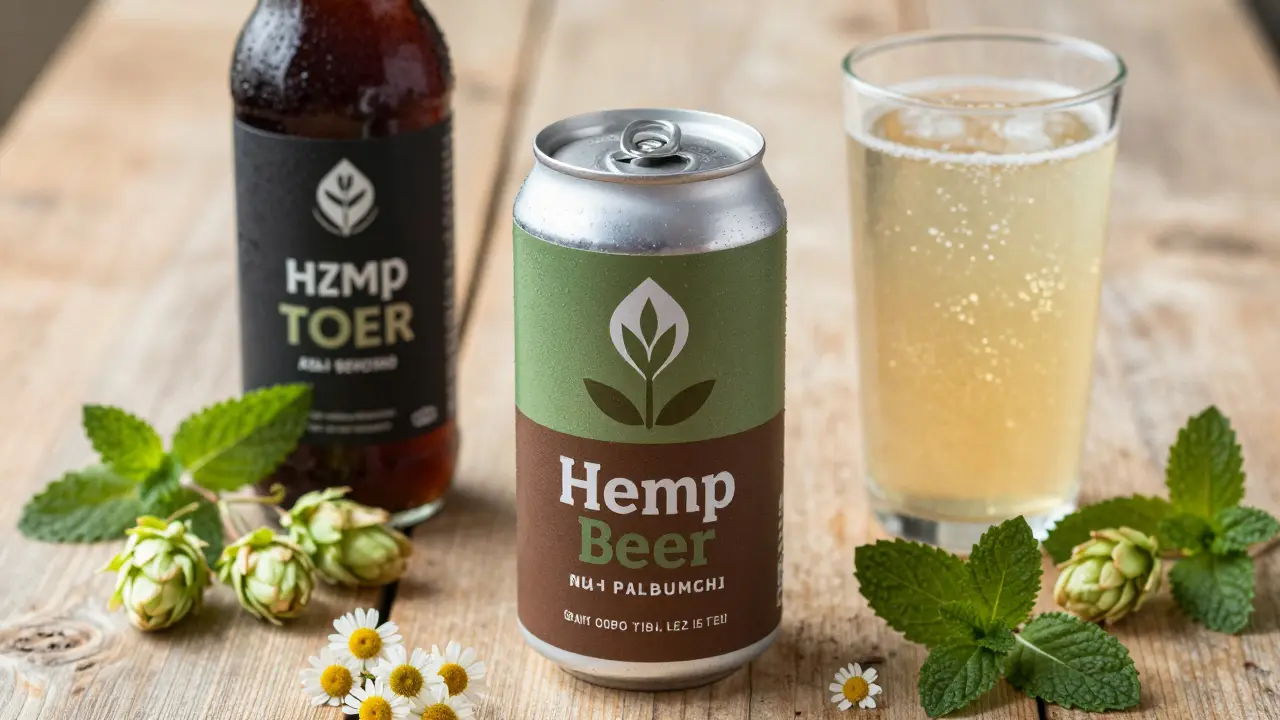 Konopné pivo, funkční tonik a kombucha na dřevěném stole