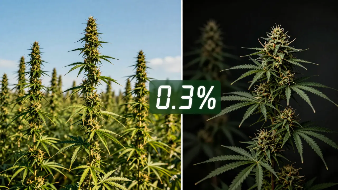 Kontrast mezi legálním konopím a ilegální marihuanou s hranicí 0,3 % THC