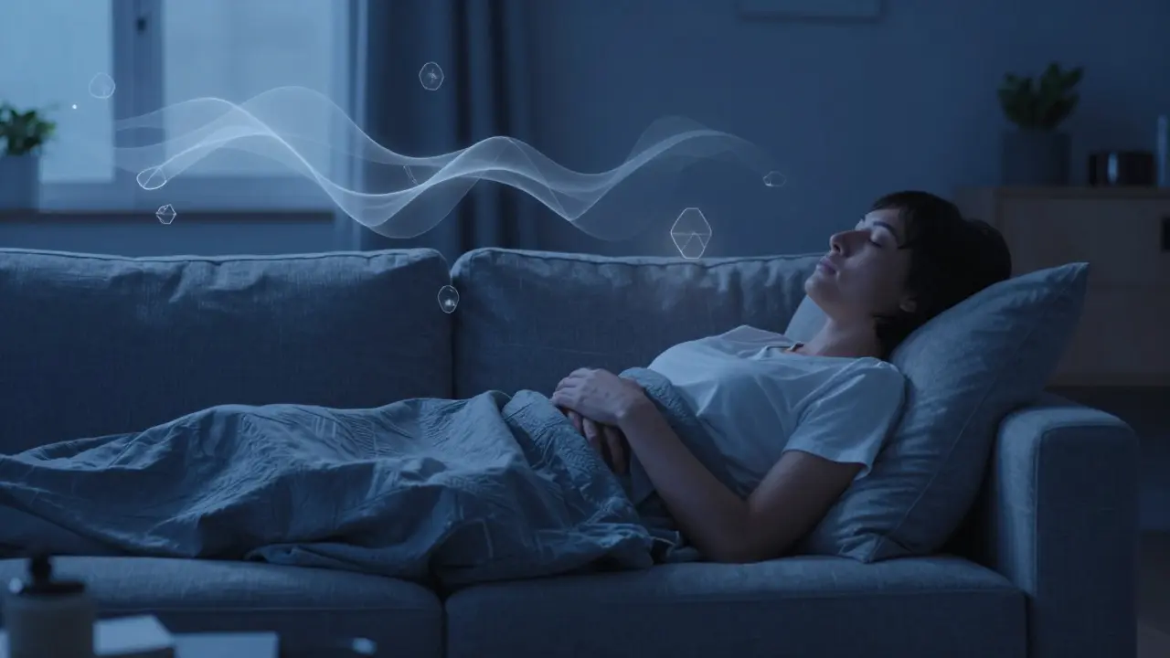 Osoba relaxující na pohovce při tlumeném modrém světle pro ilustraci účinků