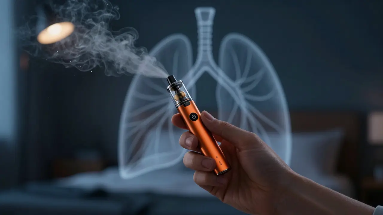 Ruka drží vape přístroj, na pozadí symbolizované plíce a rizika