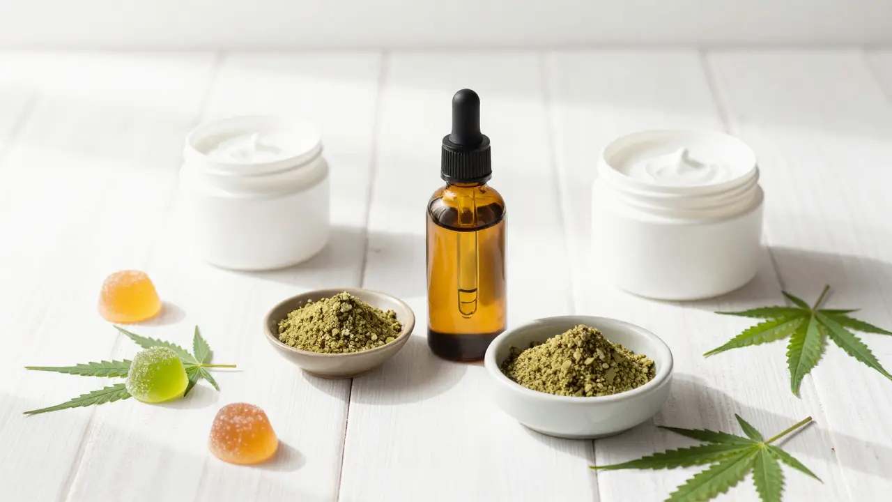 Různé formy CBD: olej, crumble, gumičky a krém na bílém stole