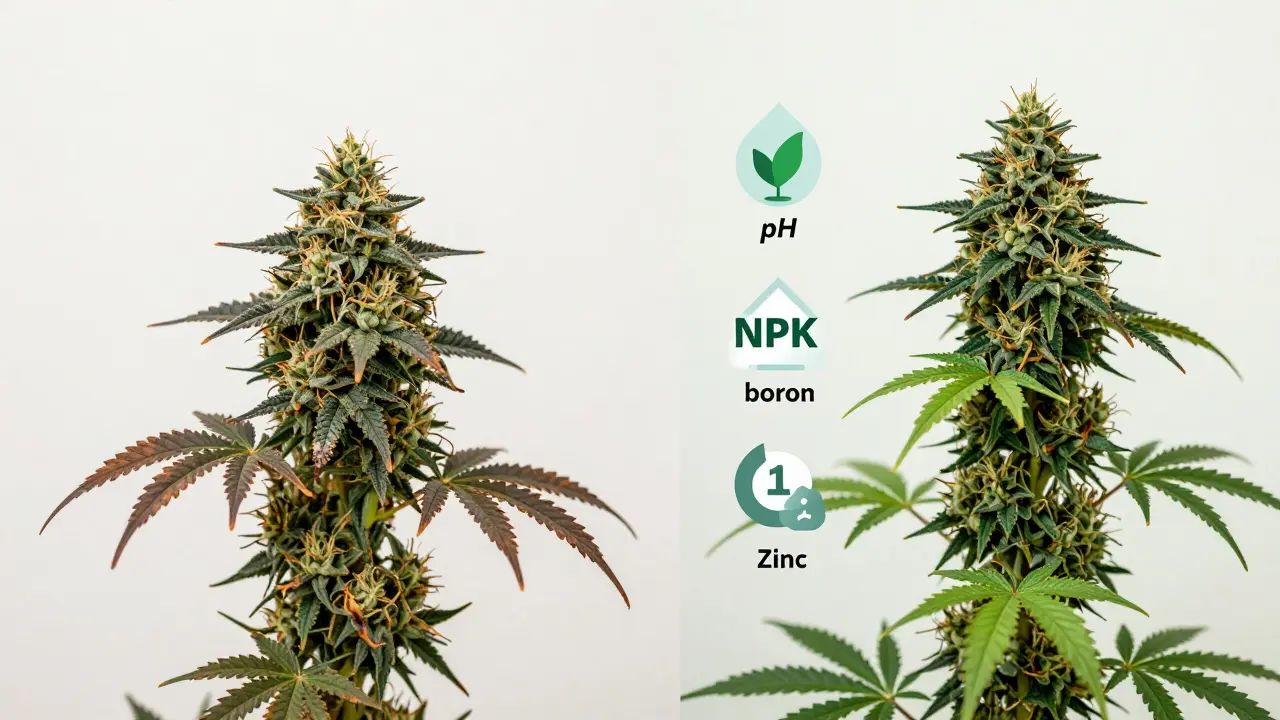 Srovnání rostliny s nedostatkem živin a zdravé rostliny s plnými květy