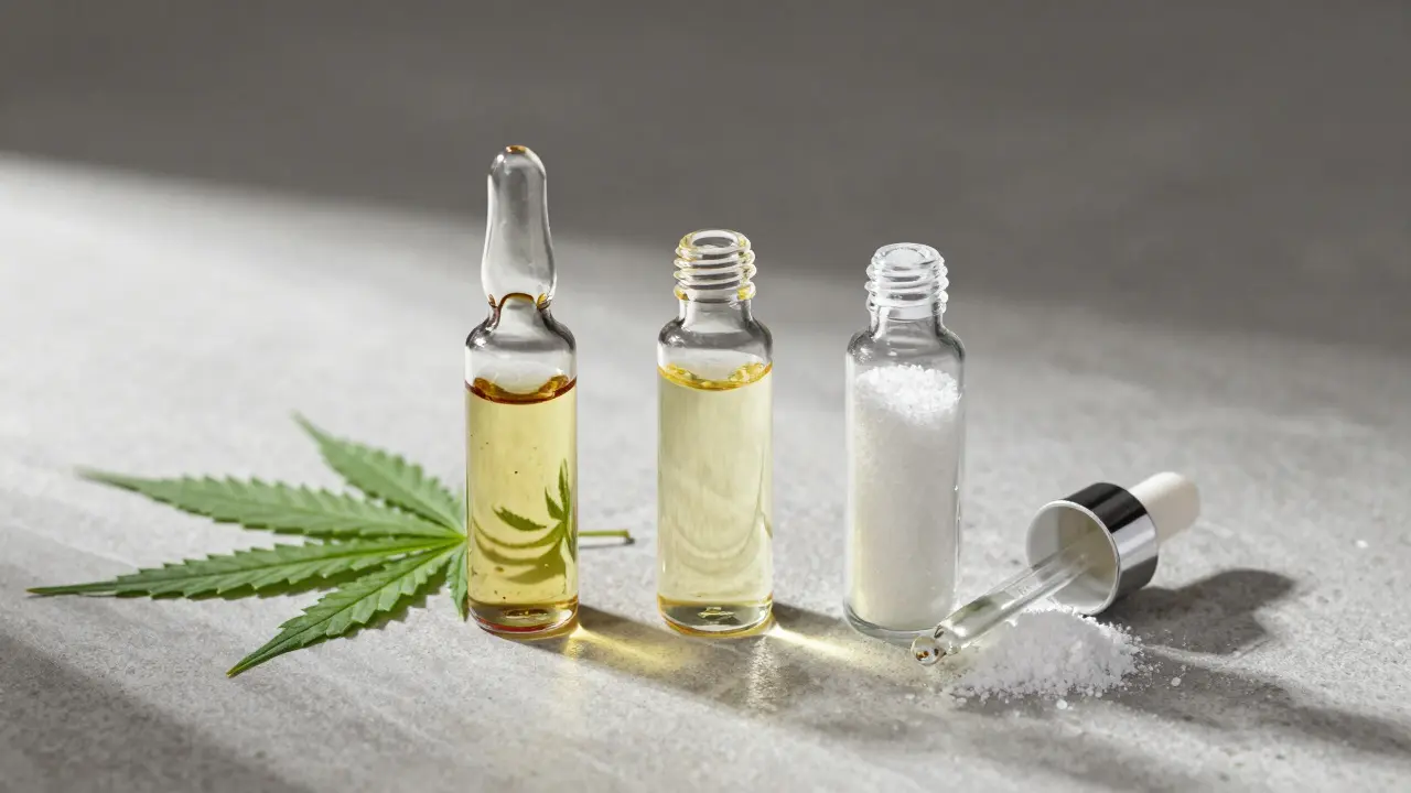 Tři skleněné lahvičky s různými typy CBD extraktů a konopné listy