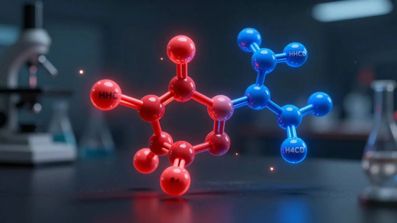 Umělecká vizualizace molekulárních struktur HHC a H4CBD v laboratoři