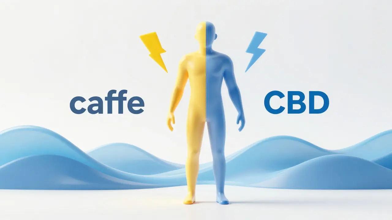 Abstraktní ilustrace vyvažujícího účinku kofeinu a CBD v lidském těle