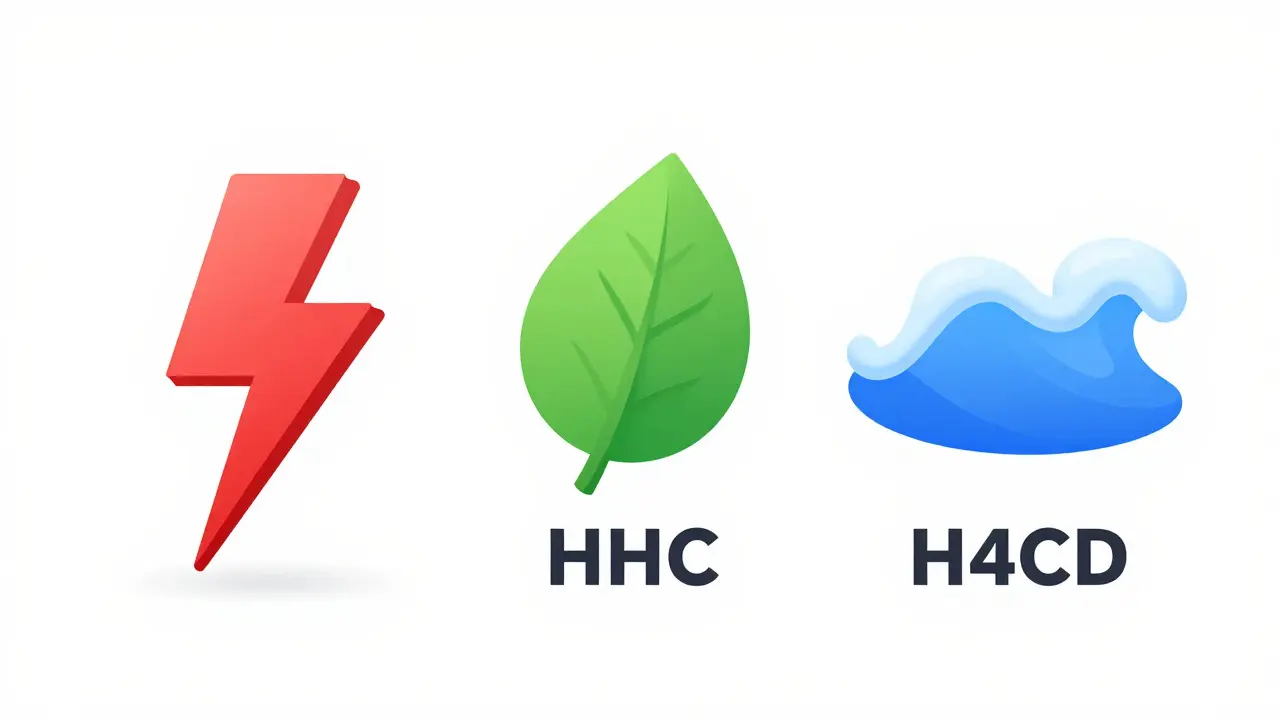 Abstraktní srovnání intenzity účinků THC, HHC a H4CBD