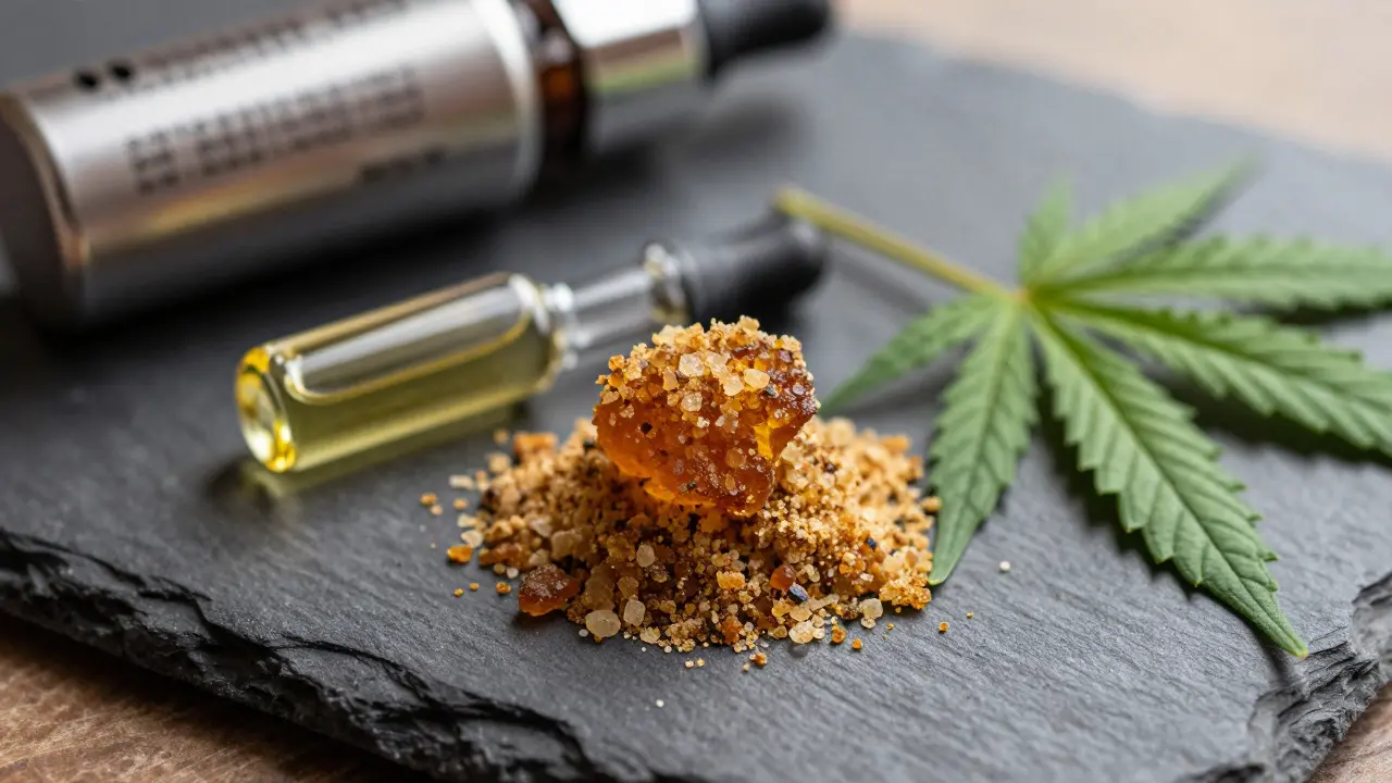 Detailní záběr na CBD crumble s konopnými listy a parovačem
