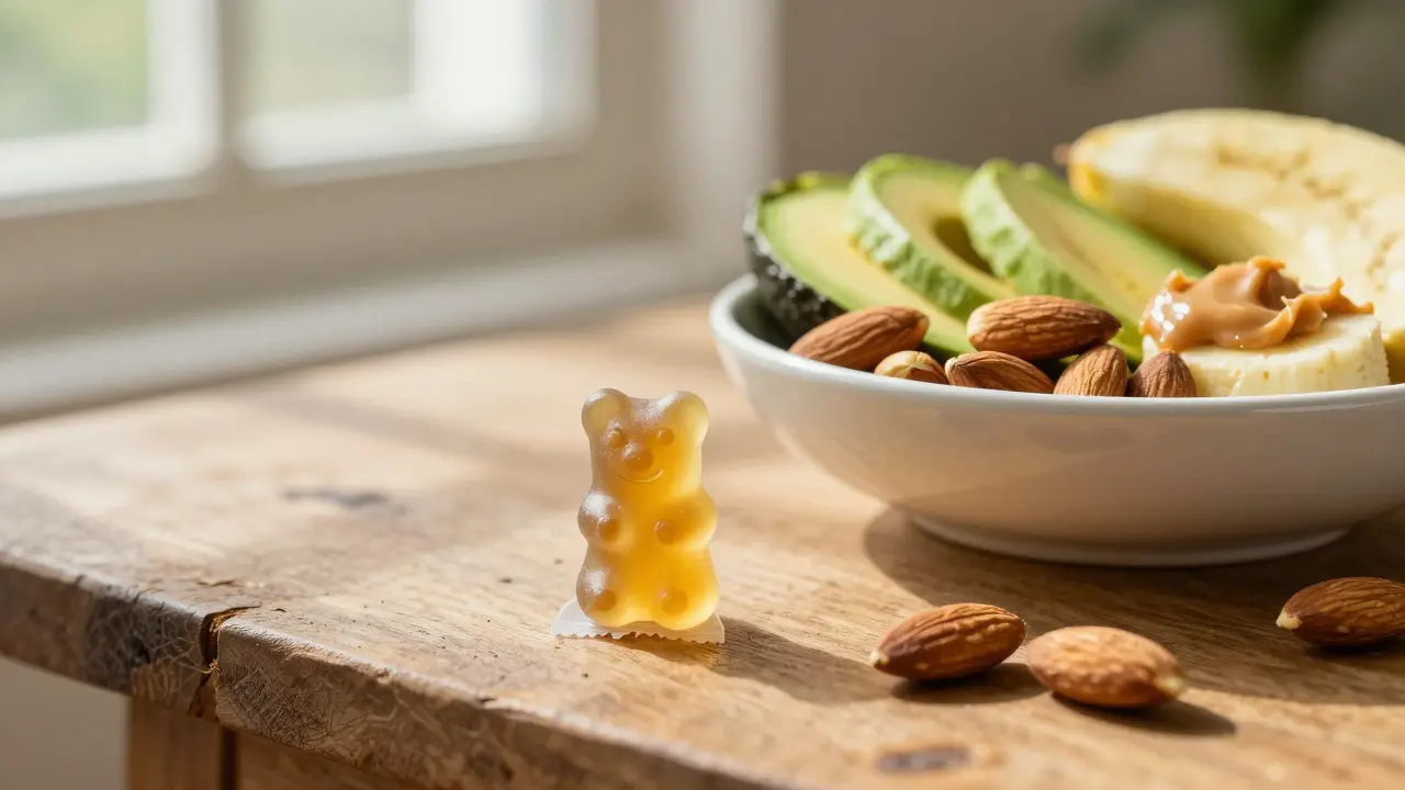 Edible gumička vedle avokáda a ořechů na dřevěném stole