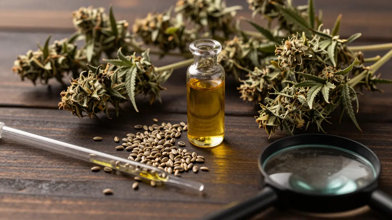 Makro záběr sušeného průmyslového konopí a lahvičky s CBD olejem na dřevěném stole