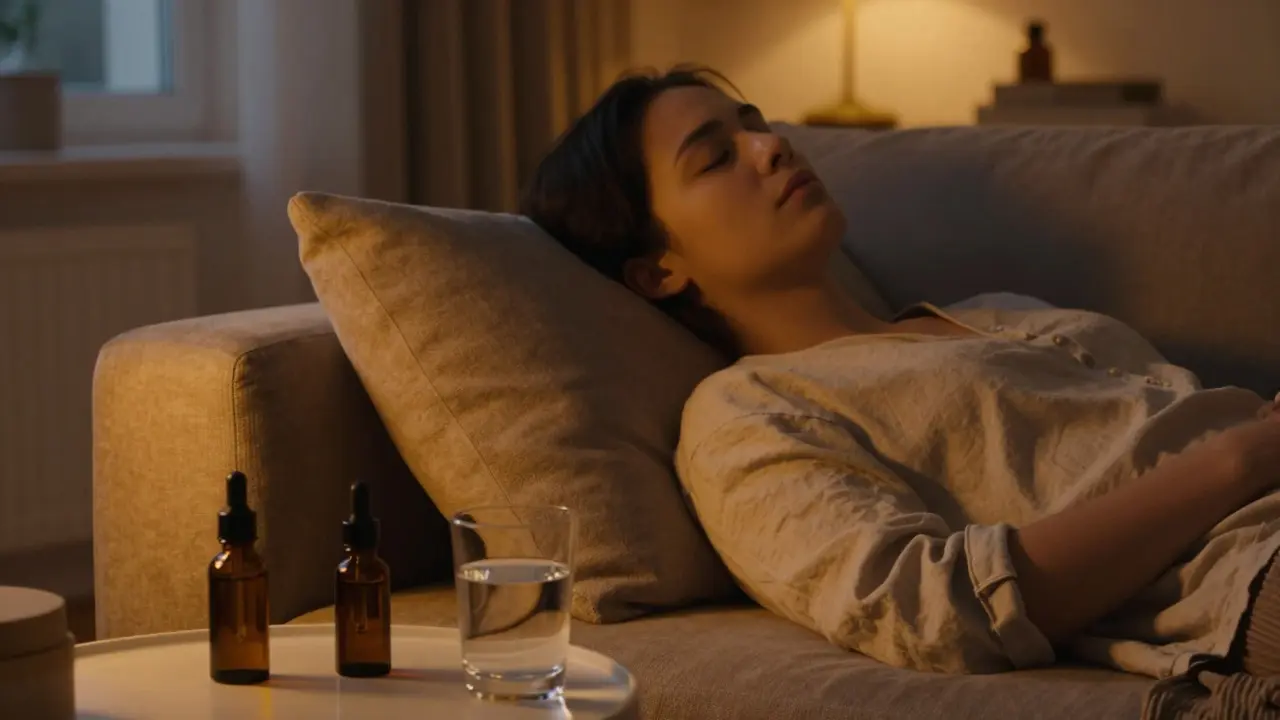 Osoba v klidné atmosféře relaxující s lahvičkou oleje na stole