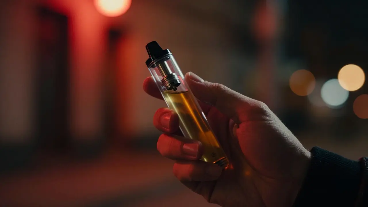 Ruka drží vapovací zařízení s kartučí v tmavém prostředí