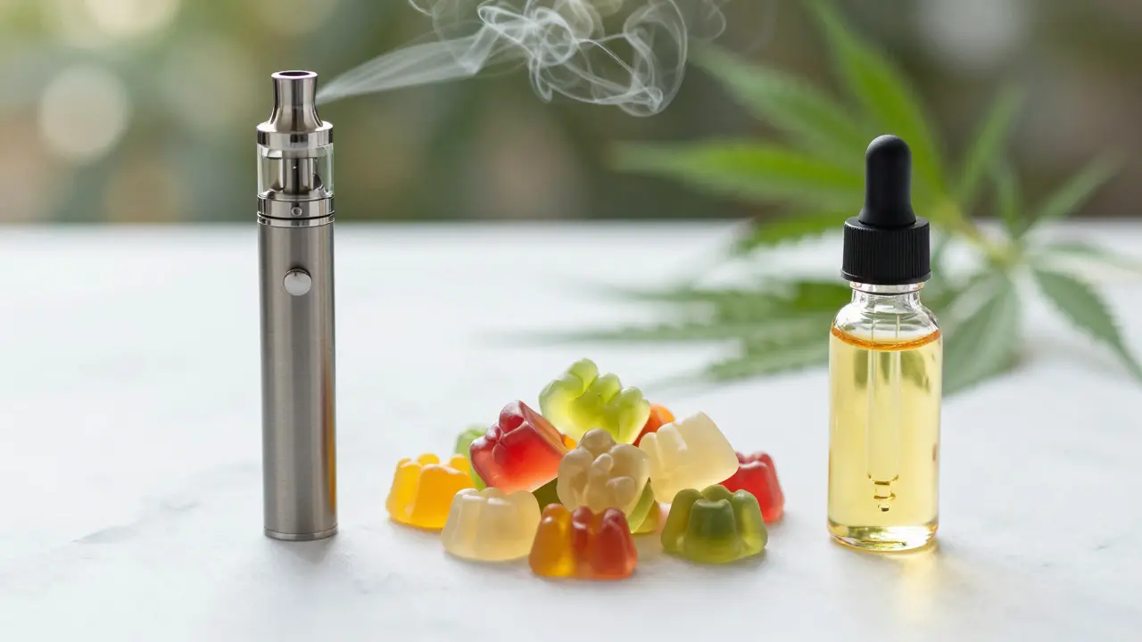 Vape, gumičky a olej z HHC na bílém mramorovém povrchu při denním světle