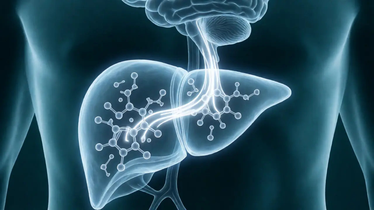 Abstraktní vizualizace metabolismu THC-O v játrech