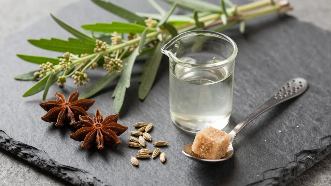 Botanické suroviny pro absint: řebříček, anýz a fenykl s lžičkou a cukrem