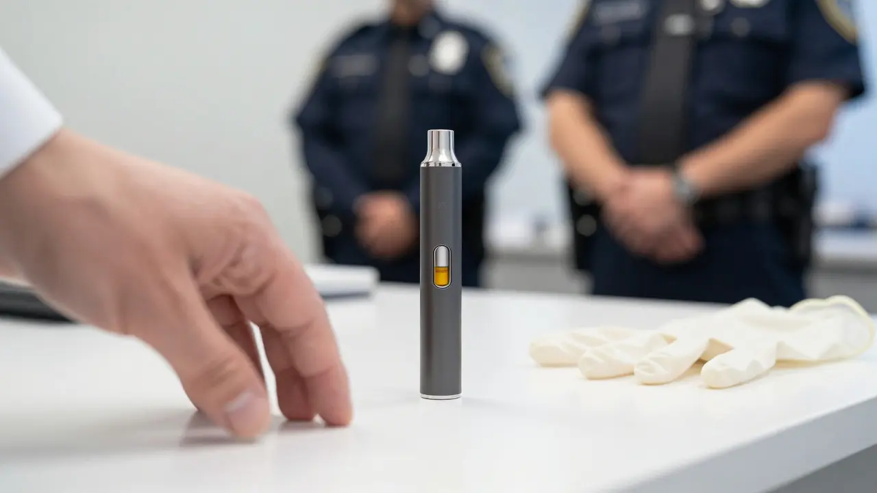 Dab pen na inspekčním stole pod dohledem bezpečnostního personálu