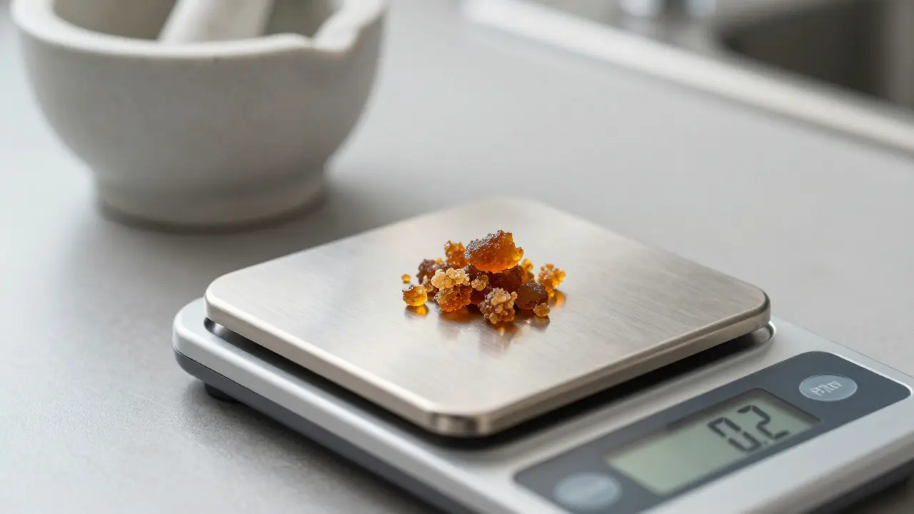 Digitální váha s malým množstvím CBD crumble pro přesné dávkování