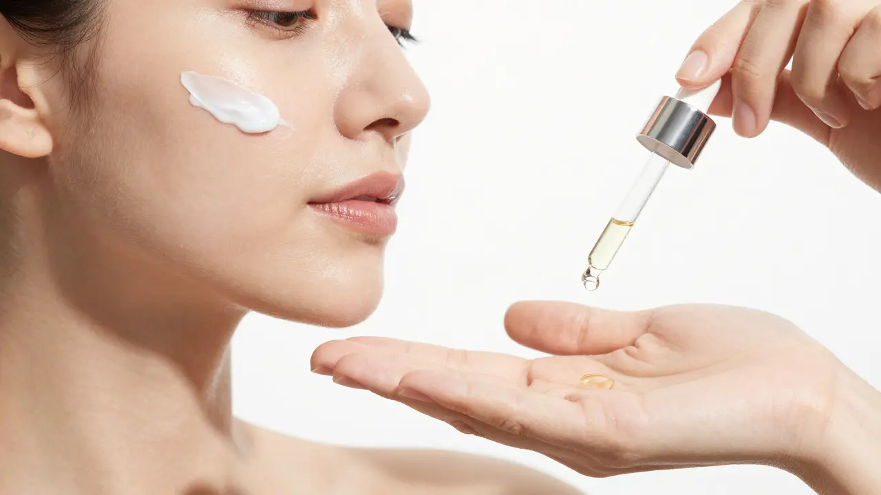 Hand applying cream to face with a dropper of oil nearby