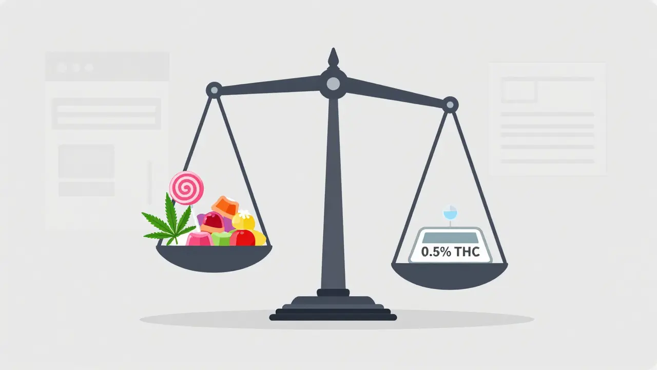Ilustrace vah s konopnými sladkostmi a měřítkem pro limit THC