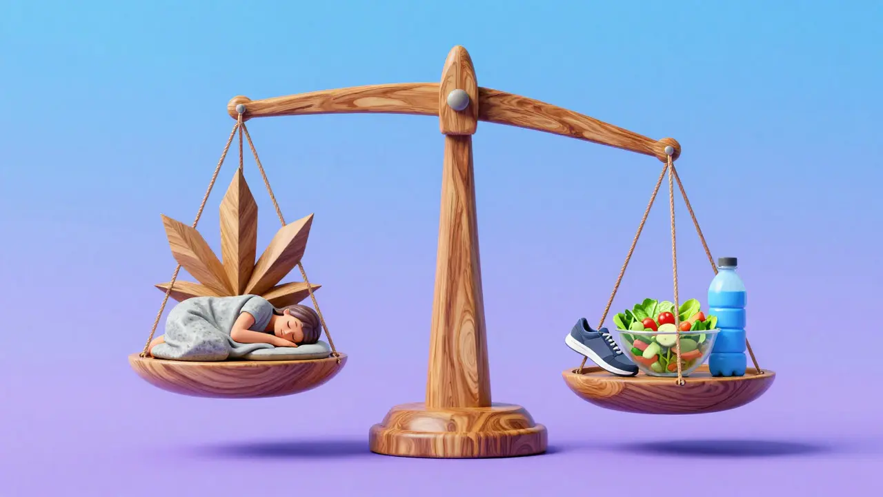 Konceptuální ilustrace vahy s CBD molekulou a zdravým životním stylem