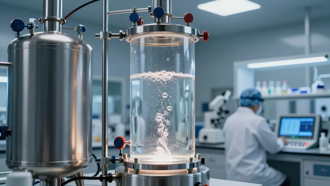Laboratorní reaktor během procesu hydrogenace přeměňujícího molekuly na HHC.