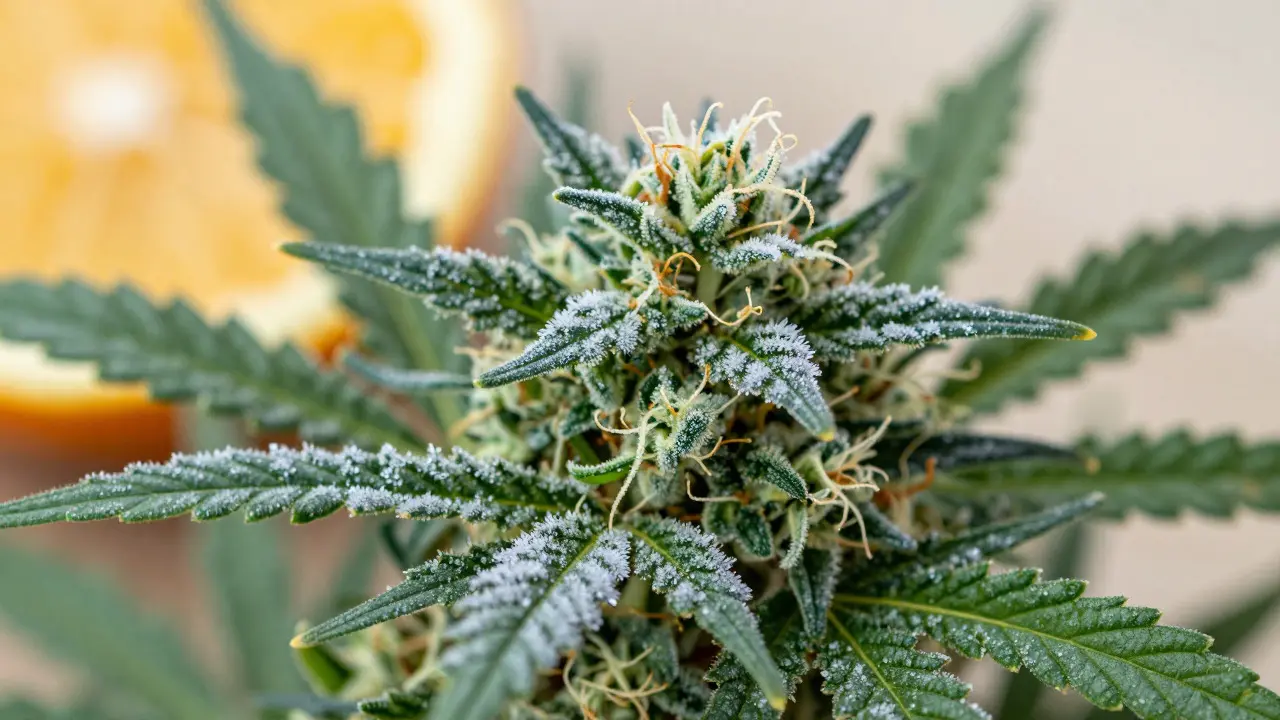 Makro záběr čerstvých konopných bobulek pokrytých bílými trichomy v chladném světle