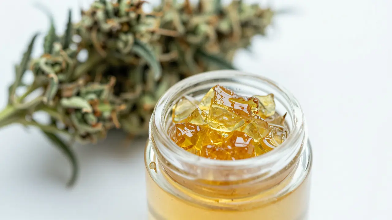 Makro záběr zlatavého CBD shatteru vedle sušených konopných květů v čistém prostředí