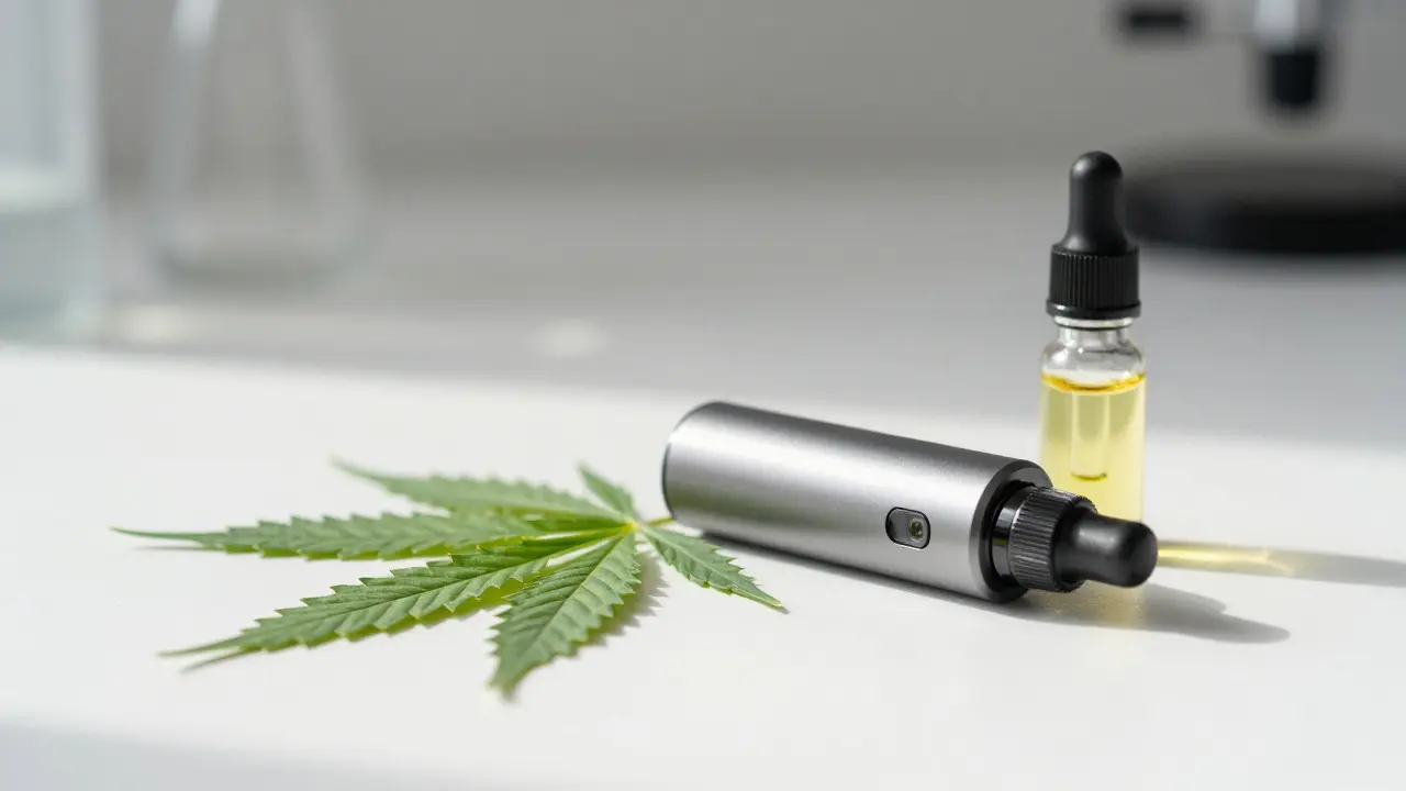 Moderní vaporizér a konopný olej na čistém pozadí