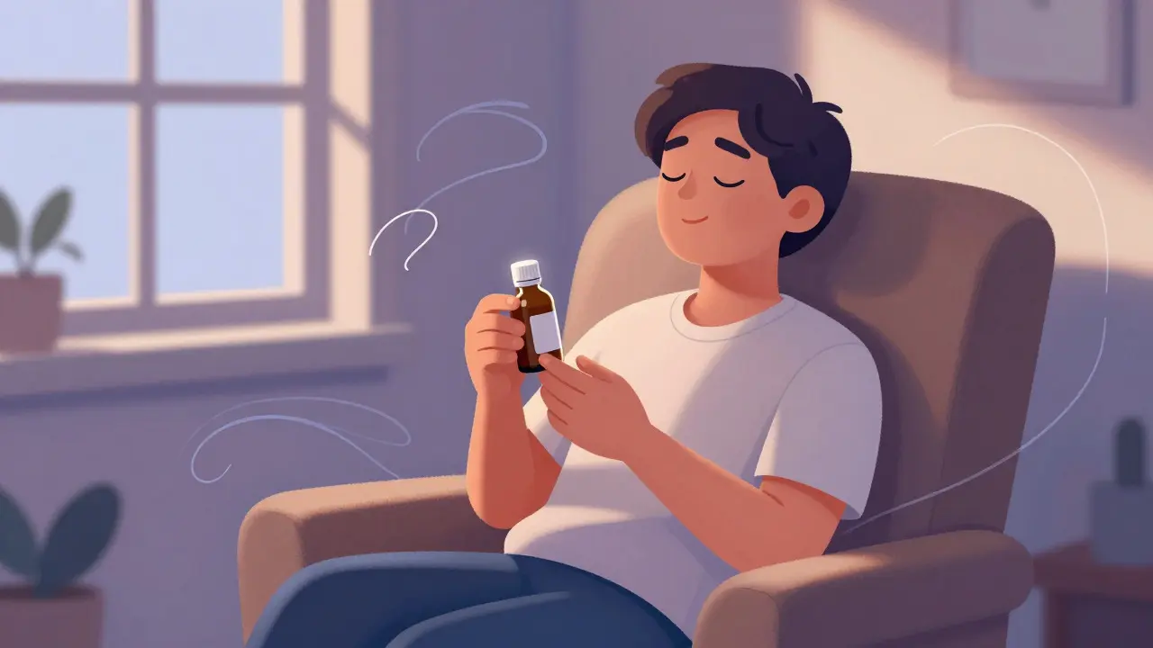 Relaxed person sitting in an armchair holding a supplement bottle