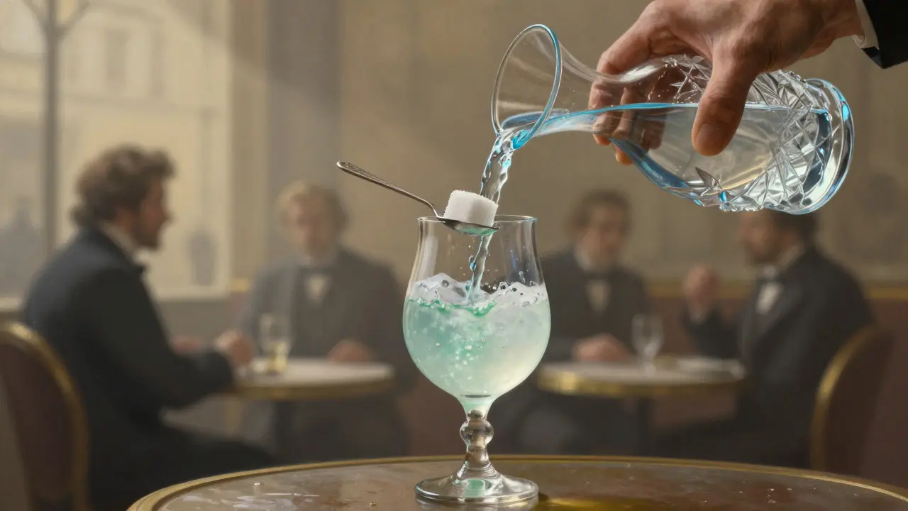 Rituál pití absintu s louche efektem a historickými siluetami na pozadí