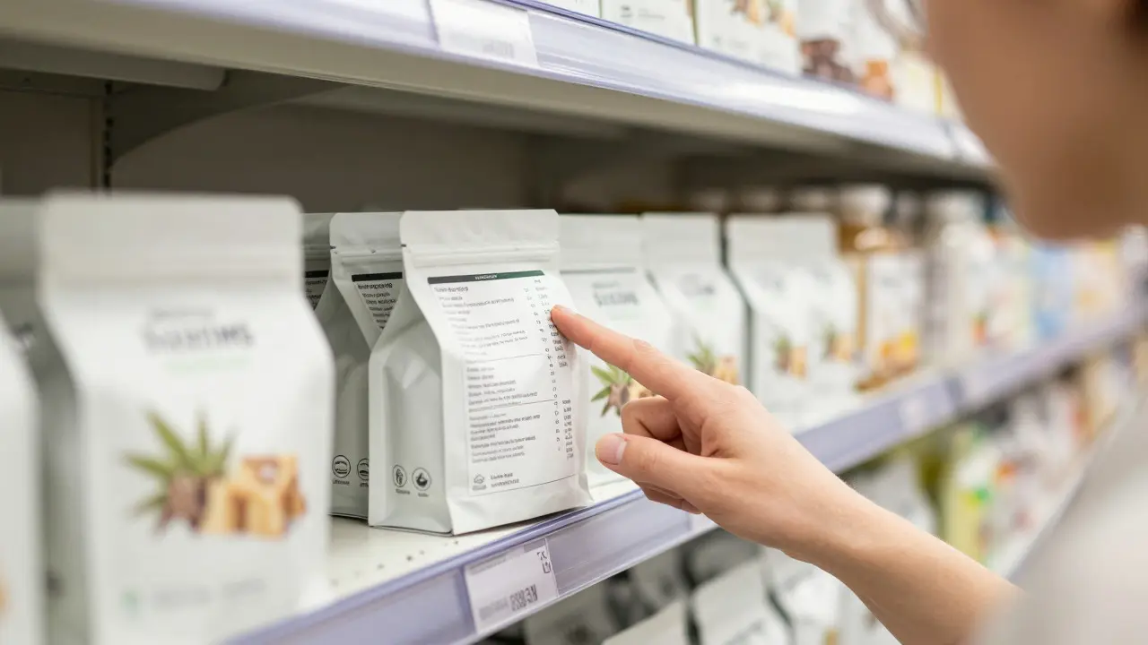 Spotřebitel si v obchodě pozorně prohlíží etiketu konopného produktu