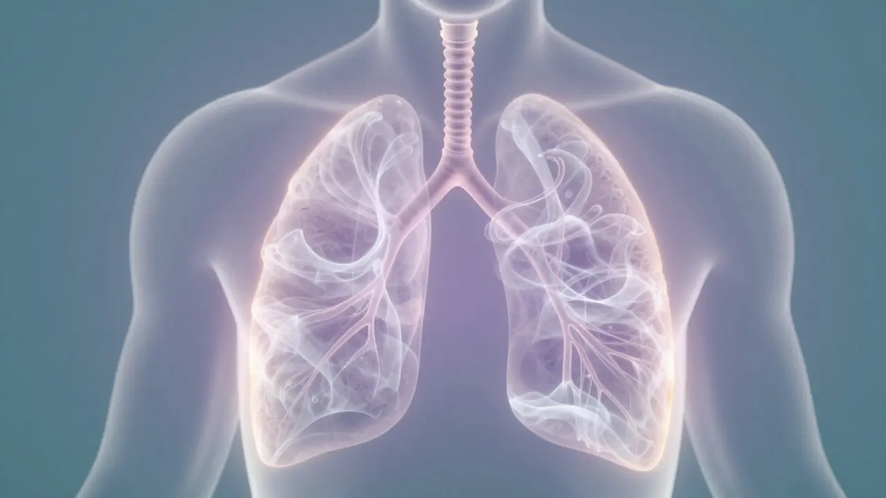 Umělecká ilustrace plic s jemnou parou symbolizující inhalaci CBD