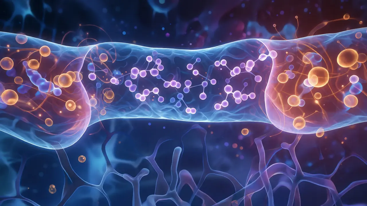 Abstraktní vizualizace molekul procházejících hematoencefalickou bariérou.
