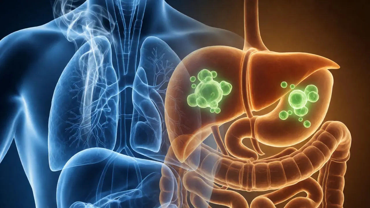 Artistic comparison of lung absorption versus liver metabolism