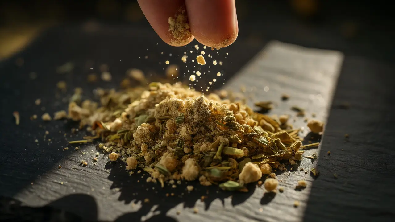 Detailní záběr na míchání jemného CBD crumble prachu se sušenými rostlinnými materiály.