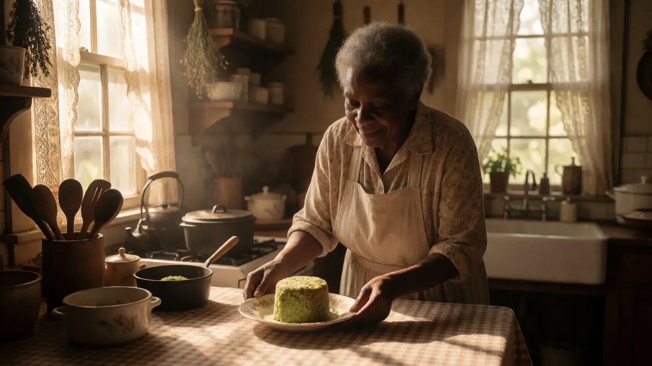 Elderly woman preparing traditional cannabis cake in a sunny kitchen