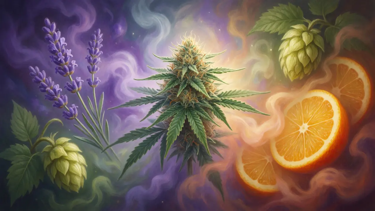 Konceptuální ilustrace synergie terpenů v konopí