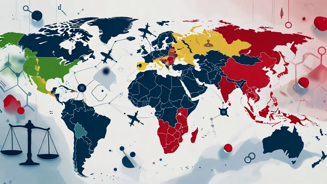 Konceptuální mapa světa znázorňující právní rozdíly pro kanabinoidy