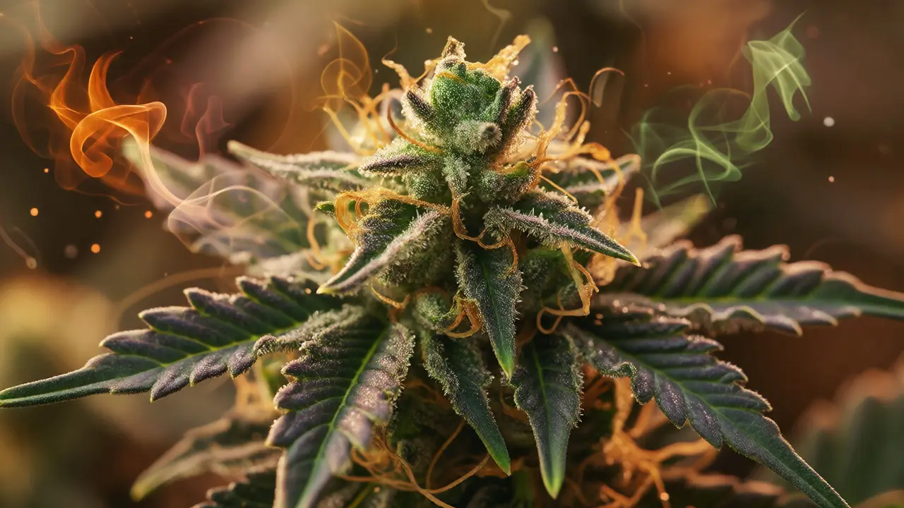 Makro detail konopného pupenu s lesklými trichomy a abstraktními terpeny