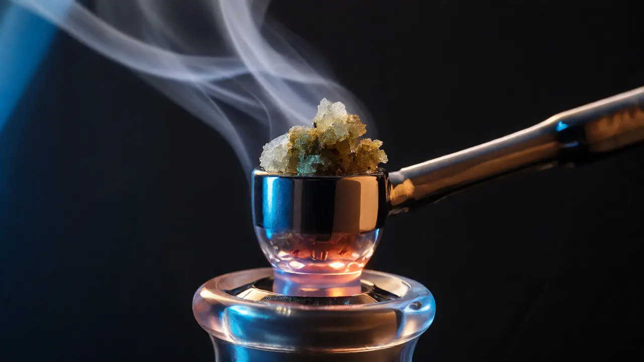 Makro fotografie CBD crumble na nahřátém nástavci pro vapování