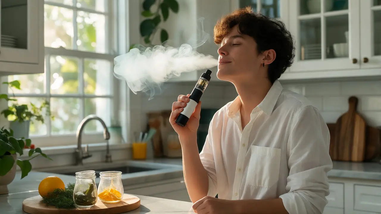 Osoba inhalující z vapu pro koncentráty v světlé kuchyni