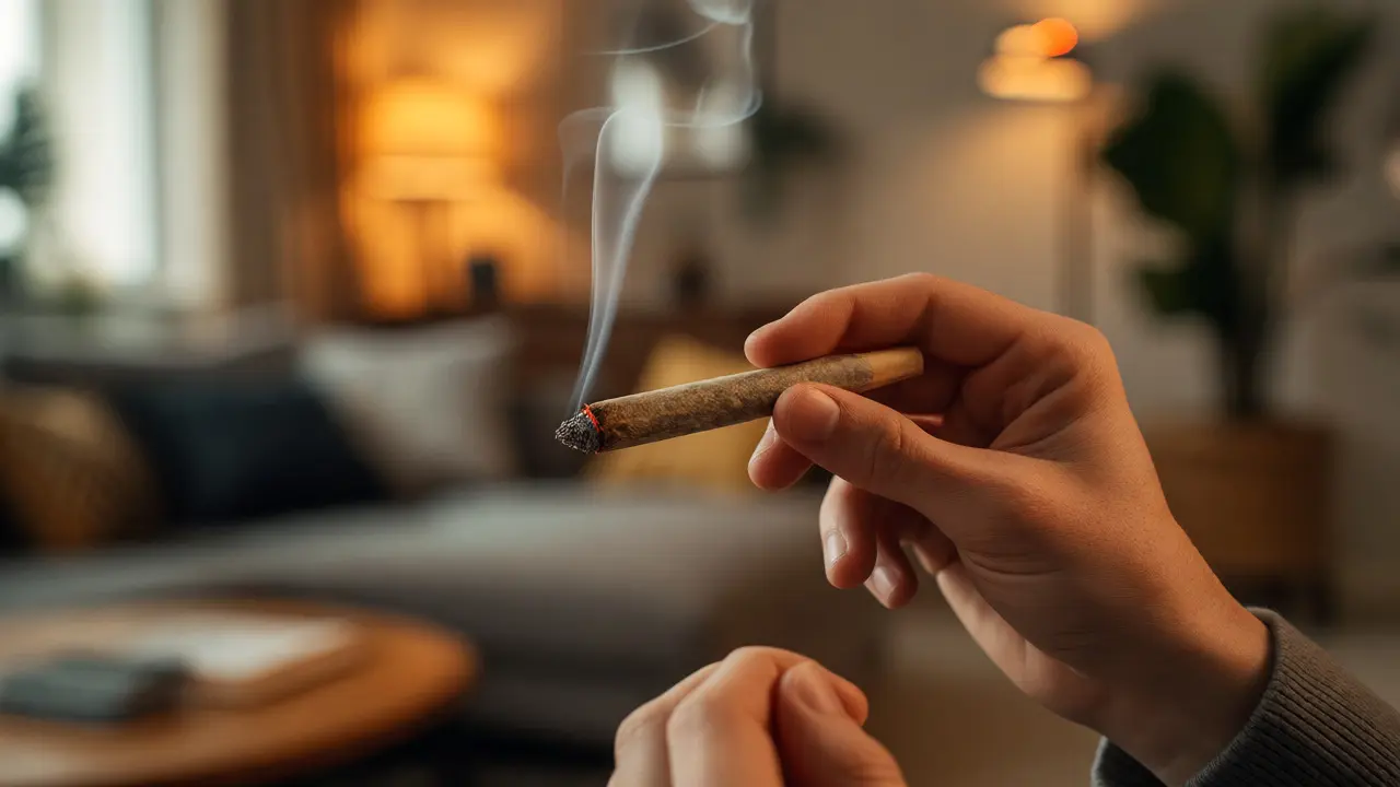 Ruce držící zapálenou jointu s hořícím koncem a stoupajícím kouřem v teplém interiéru.