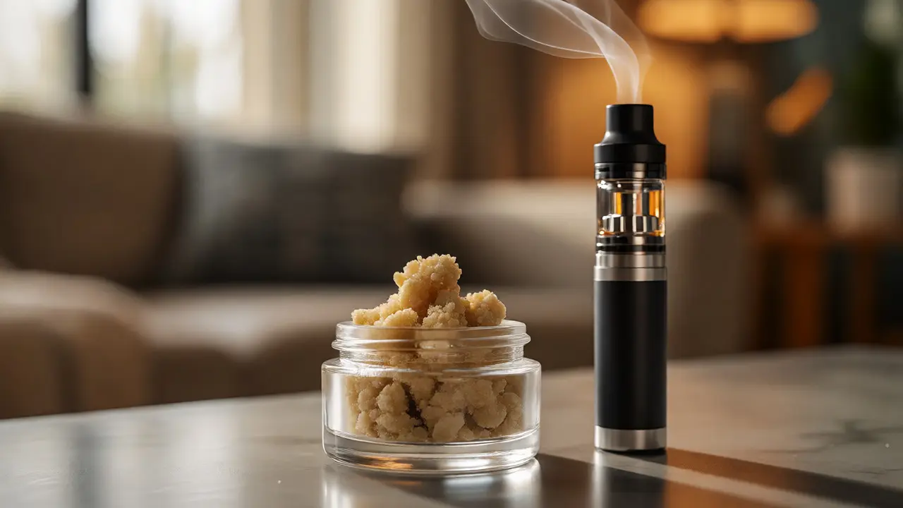 Sklenice s CBD crumble a vapovací zařízení v relaxačním prostředí