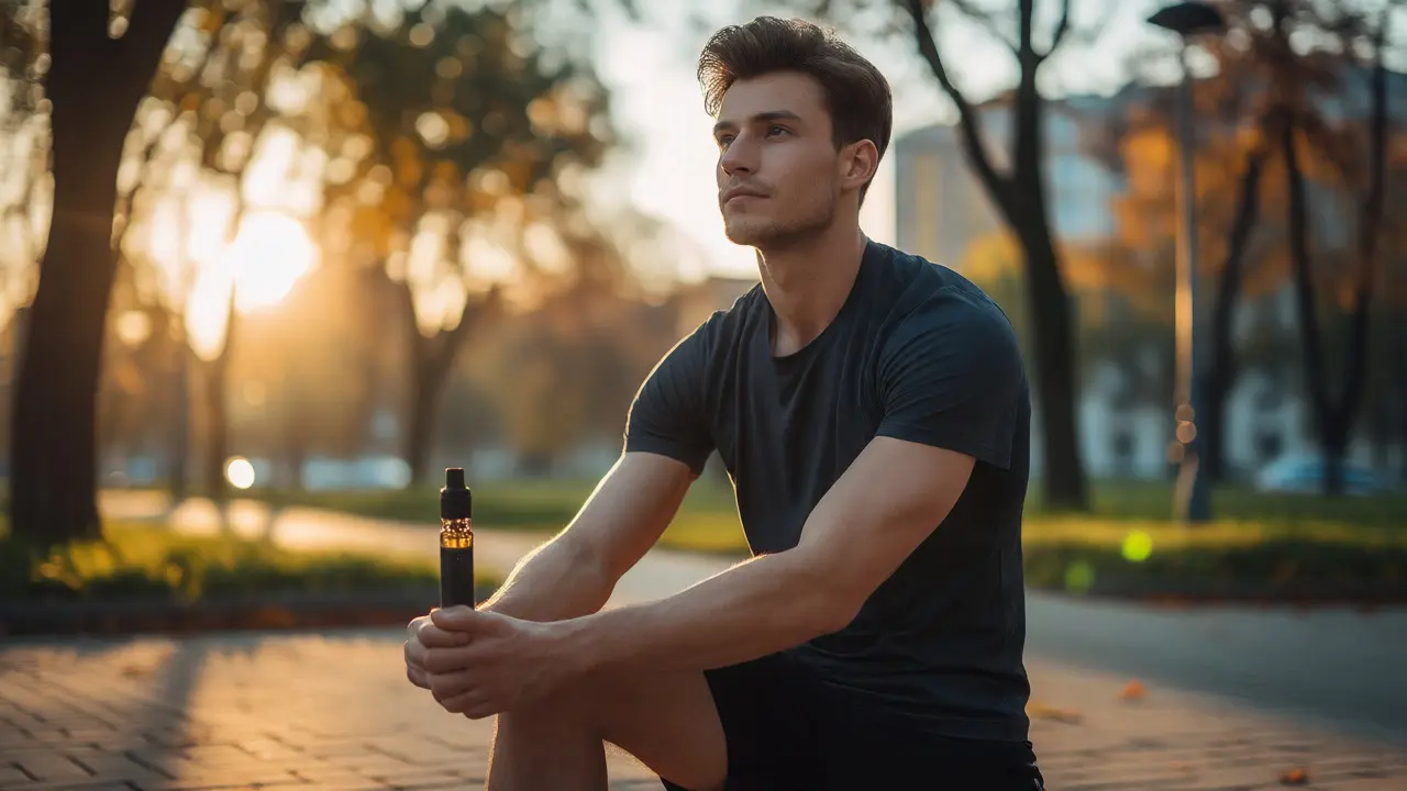 Sportovec v parku ráno drží dávkovač konopného produktu, vypadá soustředěně
